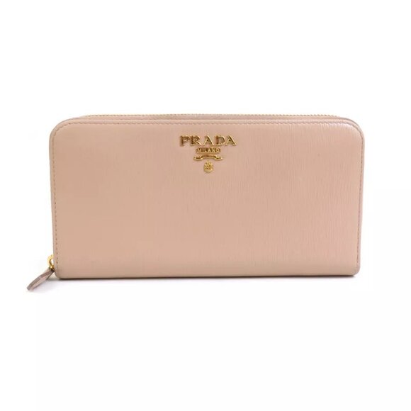 Auth PRADA Logo Zip Around Long Wallet Beige Leather/Goldtone - Picture 1 of 11
